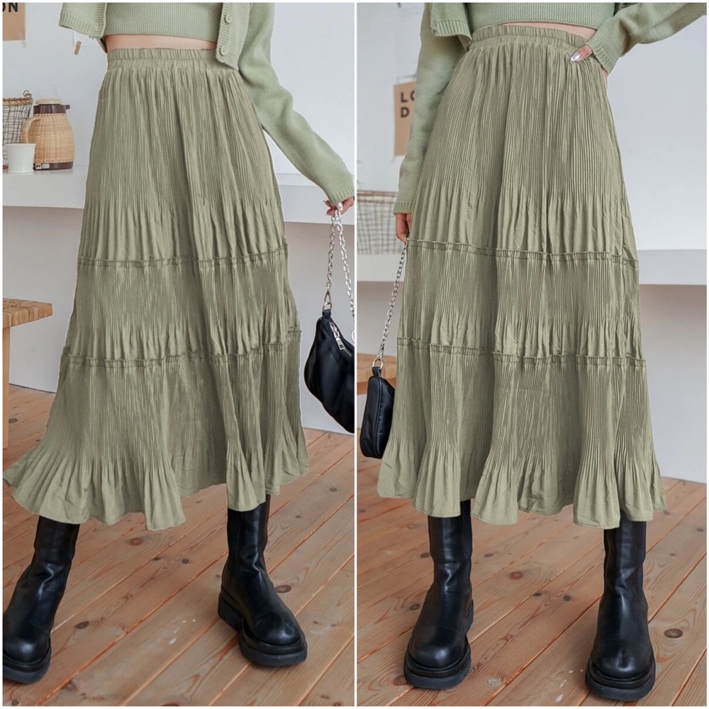 Luxe High Waisted Pleated Ruffle Maxi Skirt - Picture 1 of 4